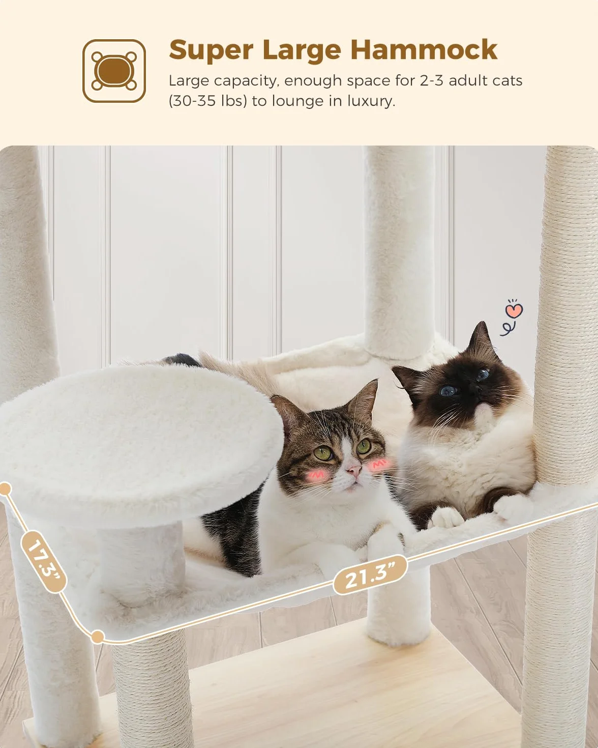 PETEPELA Árbol rascador de madera para gatos, 143 cm, moderno árbol rascador para gatos con hamaca más grande, cama superior con cuerda de sisal, columna beige