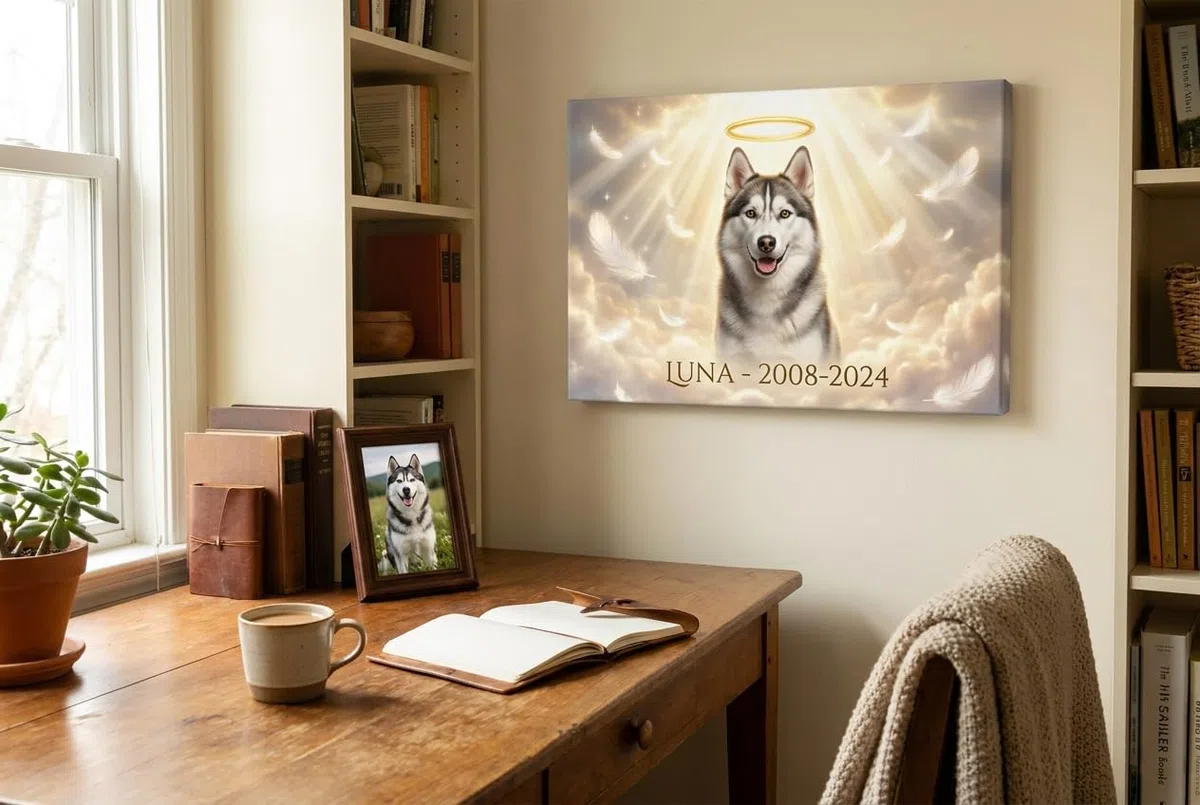 BKCREATIONS Lienzo memorial personalizado mascota Luz Celestial - Perro gato recuerdo - Regalo condolencias marco madera (40 x 30 cm)