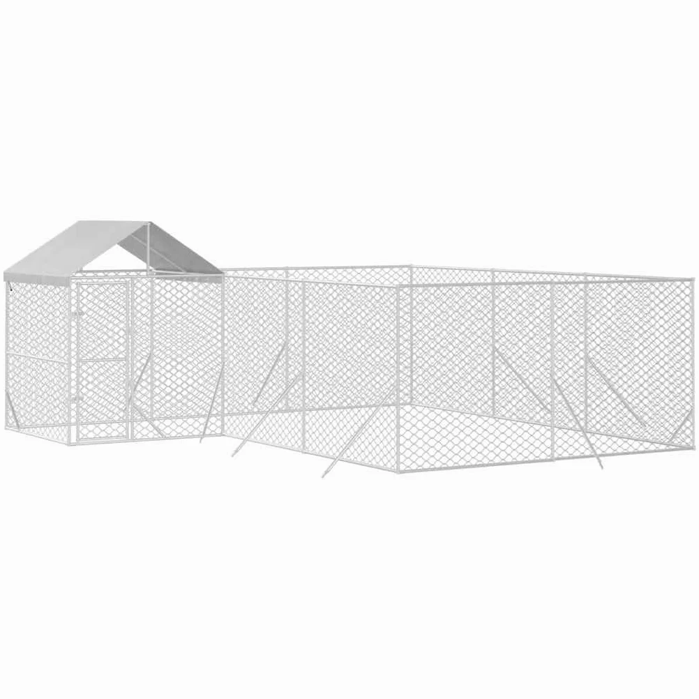 Perrera para perros al aire libre con techo de acero galvanizado plateado, 6 x 6 x 2,5 m, gran caño con puerta, protección de seguridad, recinto para perros, cachorros, entrenamiento, jardín