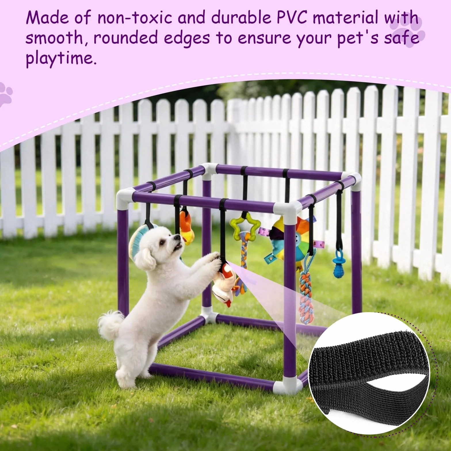 Estudio de juegos para cachorros con 8 juguetes colgantes, marco de PVC morado, centro de actividades para perros pequeños, estudio de juegos para cachorros para perros pequeños, paraíso con