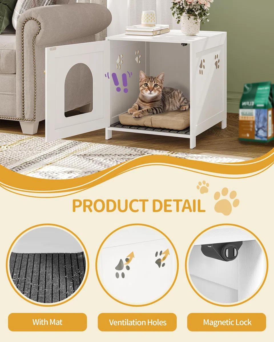 Hzuaneri Armario para Gatos, Mueble para Gatos, Mueble con Caja de Arena Oculta, Banco Armario para Gato, Lavabo de Madera para Sala de Estar, Dormitorio, Blanco CB82213X