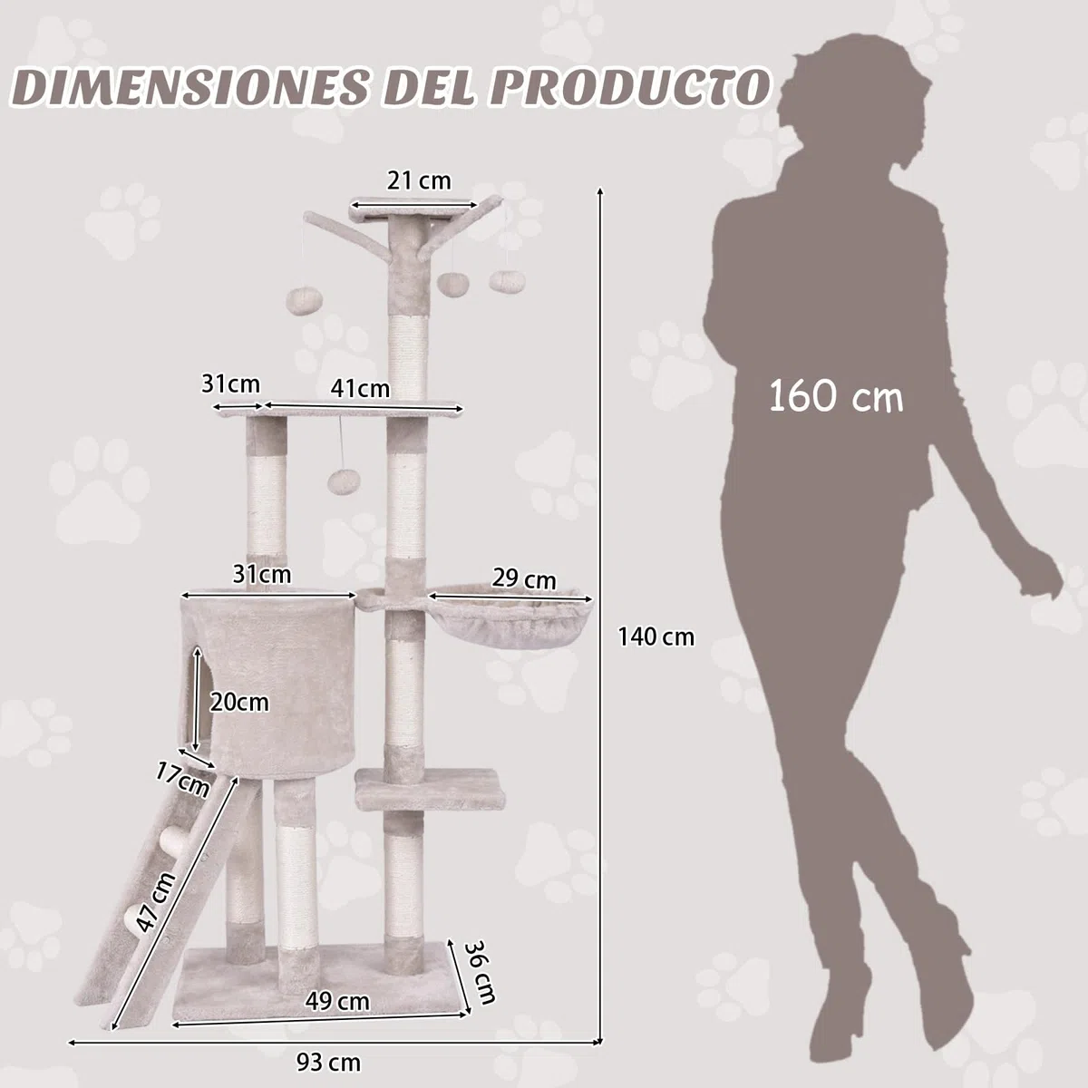 COSTWAY Árbol Rascado para Gatos de 140 cm de Altura, Torre Multinivel para Gatos con Postes de Sisal, Plataformas, Nido, Hamaca, Escalera y Bola, Centro de Actividades para Gatos de Interior, Beige