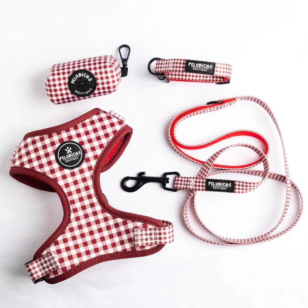 Pack XS Granate Paseo para Perro – Arnés, Collar, Correa y Portabolsas de Neopreno – Diseño Vichy – Pack Completo Accesorios para Perros
