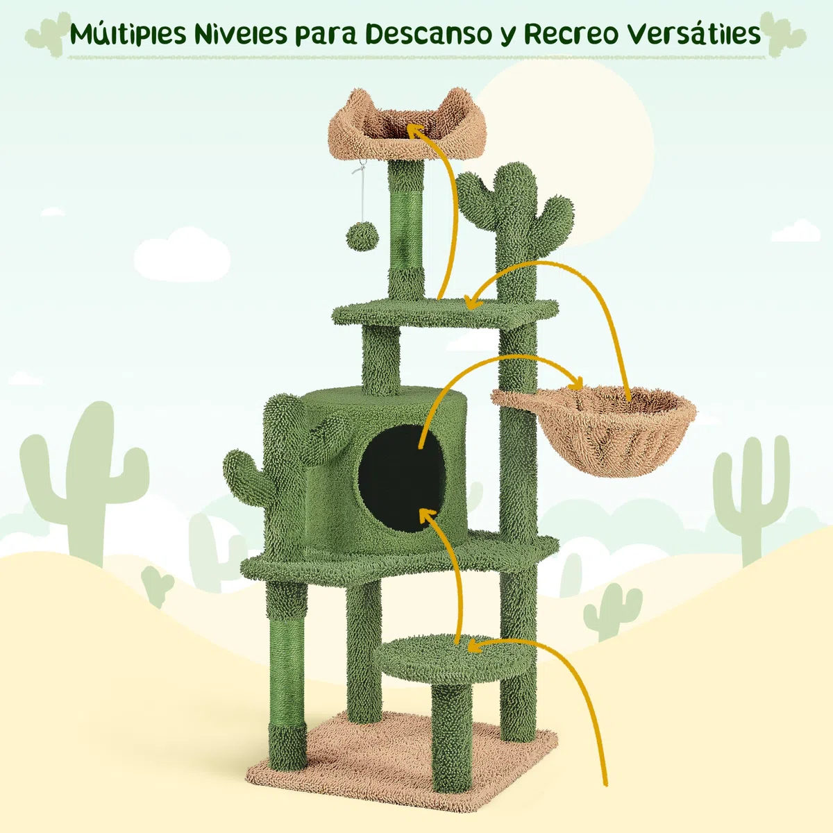 Yaheetech Árbol Rascador para Gato con Plataforma Torre Escalador de Sisal para 2-3 Gatos Medianos Sala de Juegos para Mascotas de Actividades 135 cm Verde y Marrón