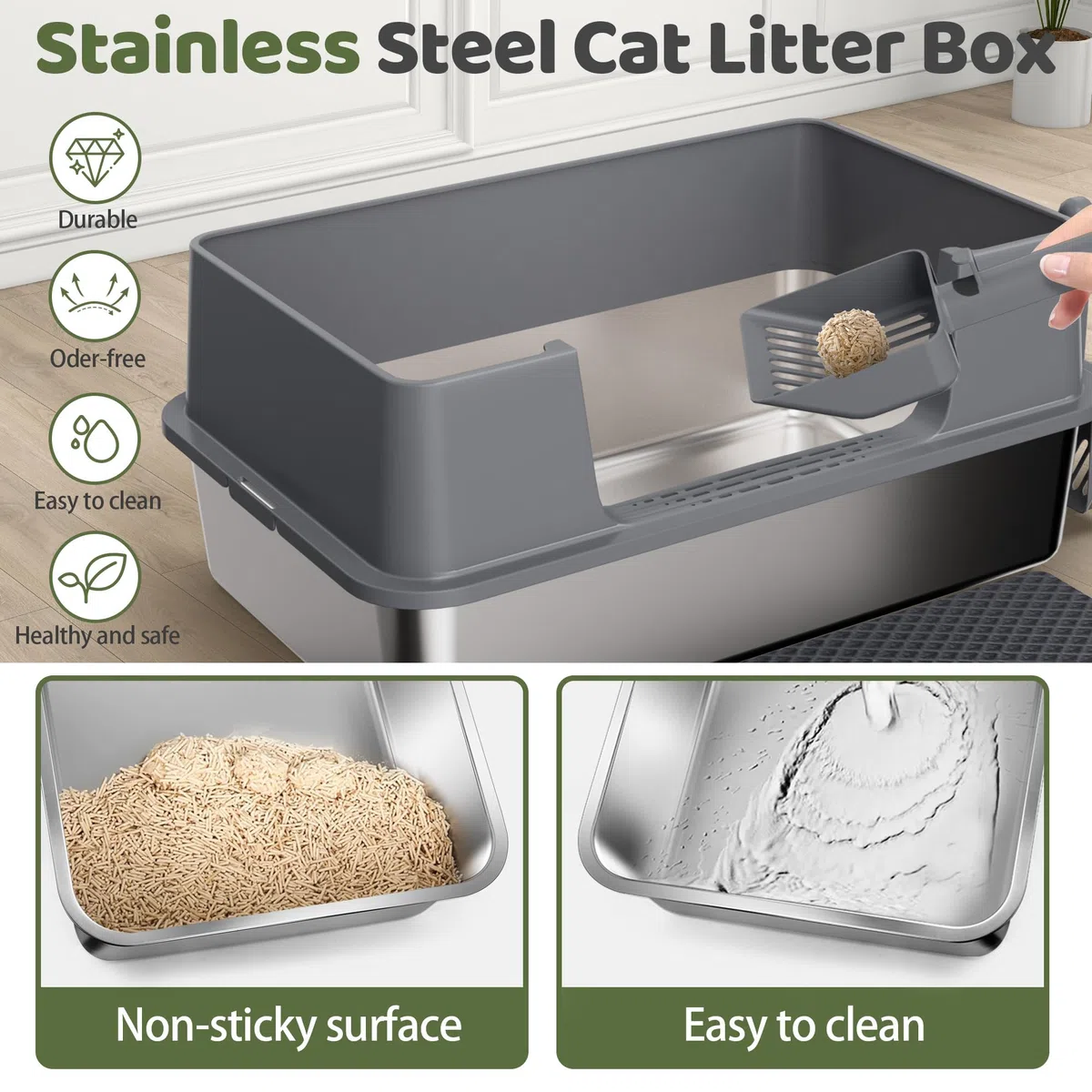 Gimars Arenero Acero Inoxidable Gatos XL 58x38x26cm, arenero Gato Acero Inoxidable 35L, Bandeja de Arena fácil de Limpiar y sin olores, Sanitaria a Prueba de Fugas con Pala y Alfombrilla