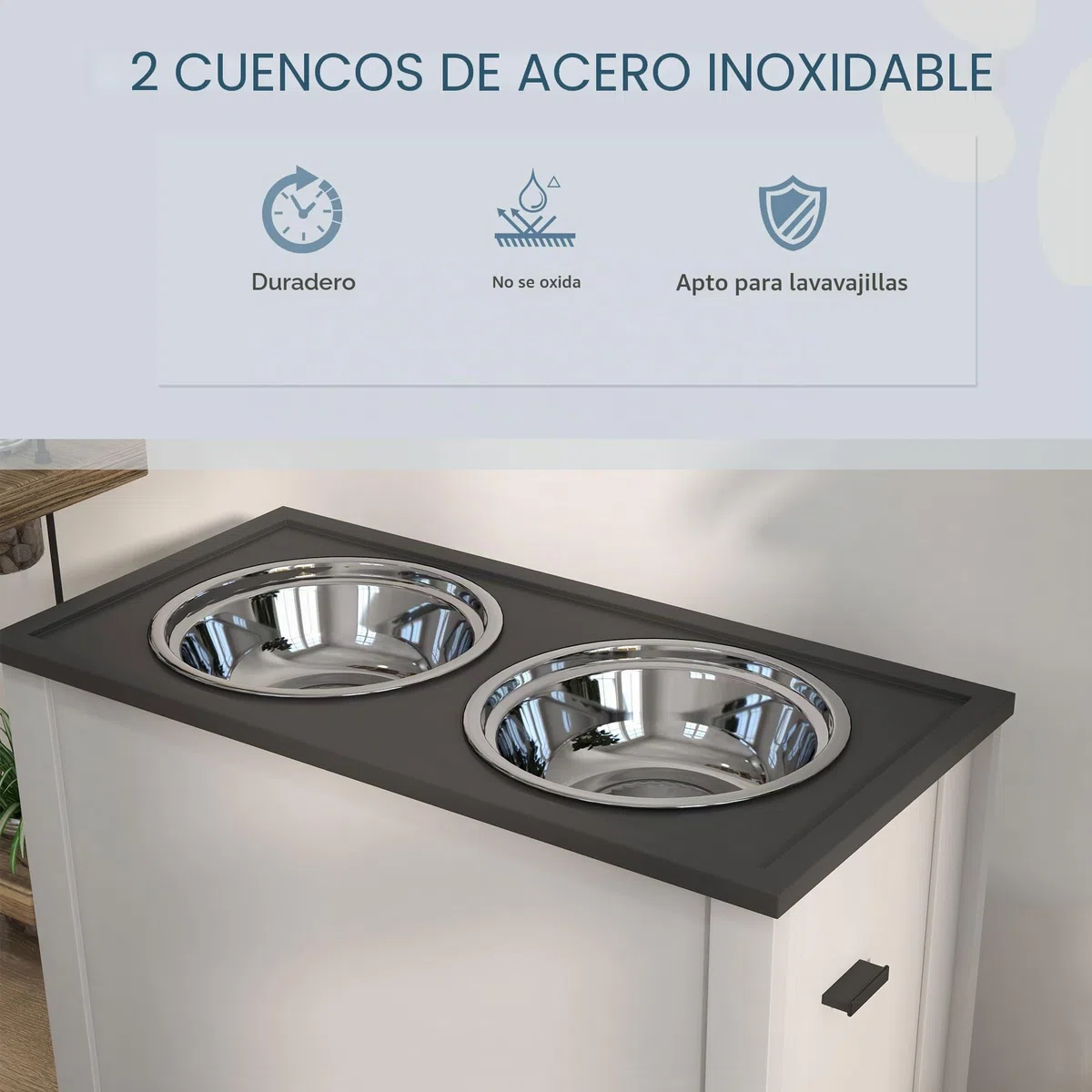 Comedero para perros PawHut, estación de alimentación para perros con espacio de almacenamiento, bebedero, soporte para comederos con cuencos de acero inoxidable de 2 litros, soporte para comederos de | Cuenco para agua, 2 cuencos de acero inoxidable de 2