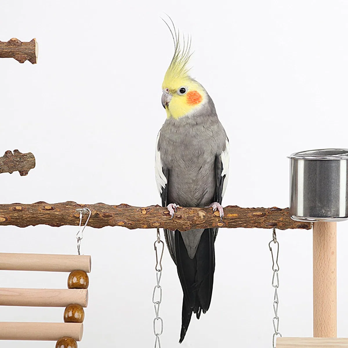 Parque de Juegos para Aves Juguete Trepador en Madera | para Periquitos con Taza y Bandeja de Acero Inoxidable para Cacatúa Ninfa, Pinzón, Agapornis en Masticación, Entrenamiento,