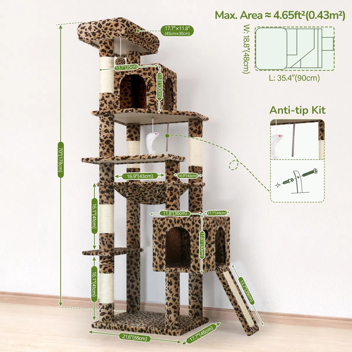 Globlazer Árbol Rascador Leopardo Esquina para Gatos Alto 178 cm con Hamaca, 2 Nidos, Plataformas, Tabla Rascar Sisal, Peluche Juguetes, Estable Torre para Grande Gatos Adulto (F70 Pro, Leopardo)