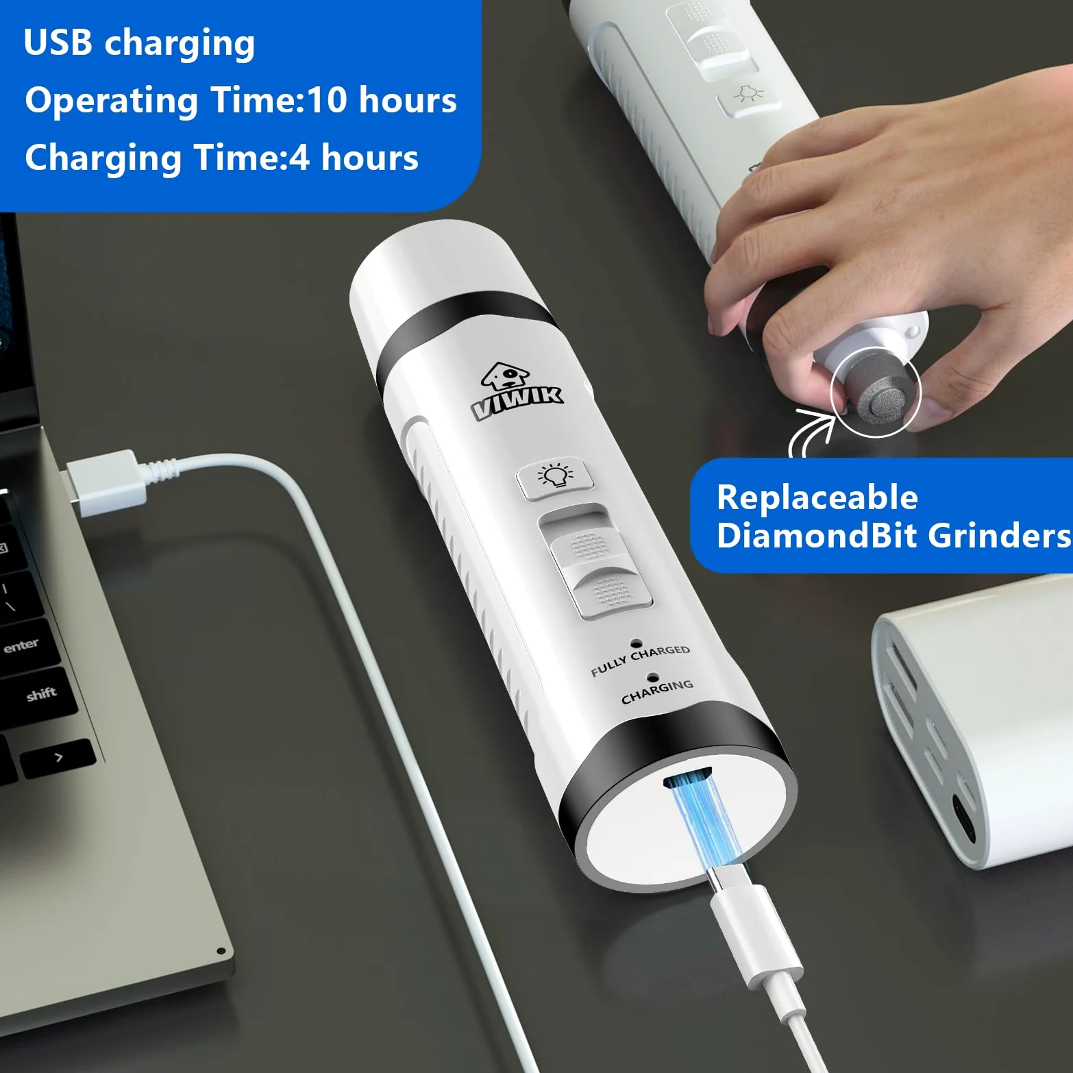 VIWIK Molinillo de uñas para Perros con cortaúñas para Perros, Kit de cortaúñas para Perros y Gatos Grandes, medianos y pequeños, silencioso, eléctrico, de 2 velocidades, Recargable por USB, con luz