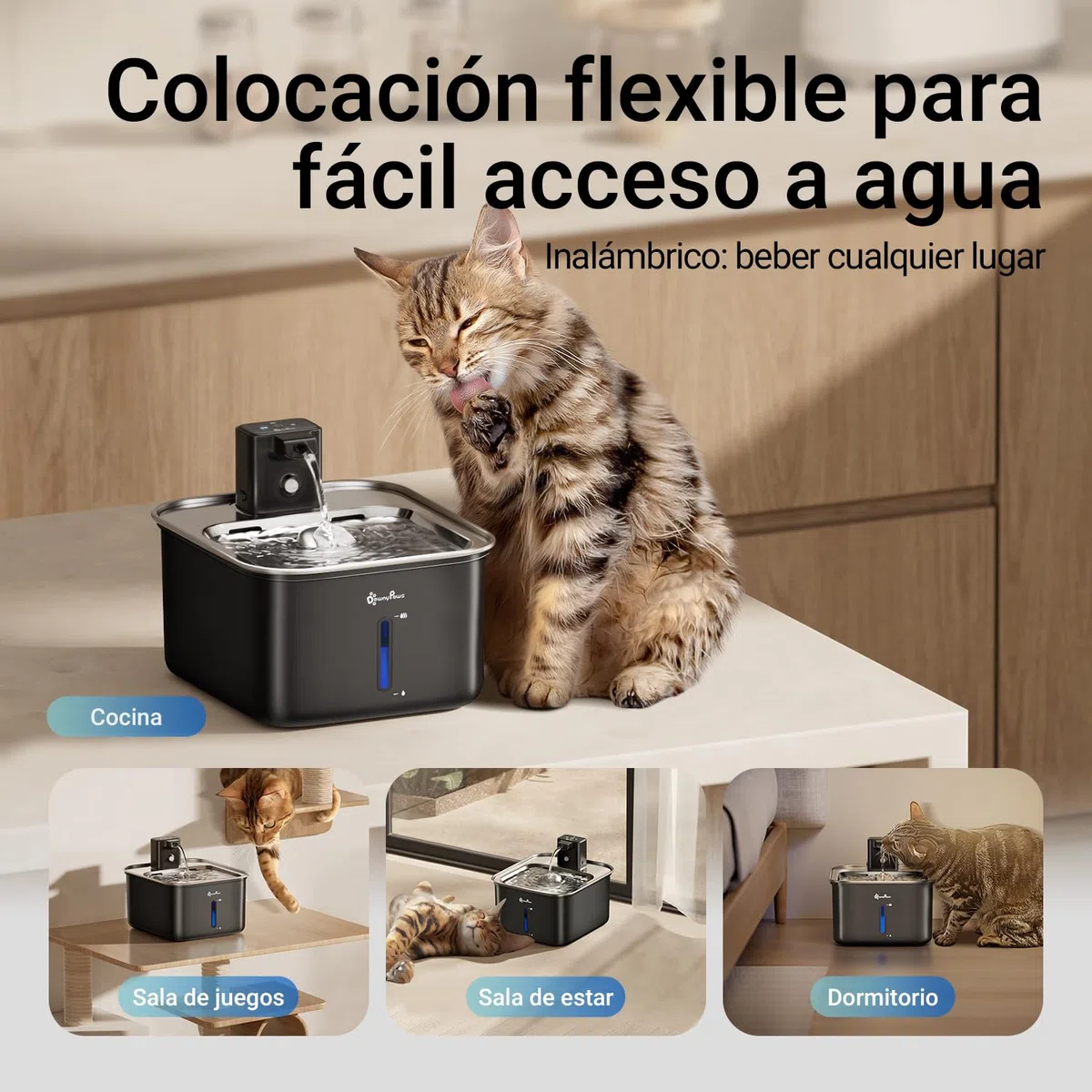 DownyPaws Fuente para Gatos sin Cable Inoxidable 3L, Bomba Silenciosa Negro | Bebedero Gatos con Sensor de Movimiento, Fuente Agua Gatos Inalámbrica, Batería de 4000 mAh, Apta para Lavavajillas