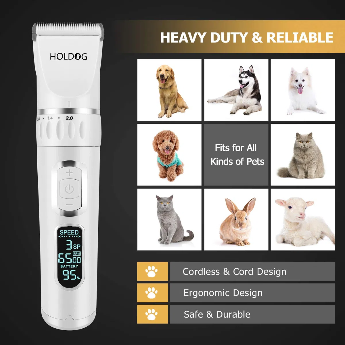 HOLDOG Cortapelos para perros profesional, resistente, 3 velocidades, bajo ruido, alta potencia, recargable, inalámbrico, herramientas de aseo para mascotas para perros pequeños y grandes, gatos,