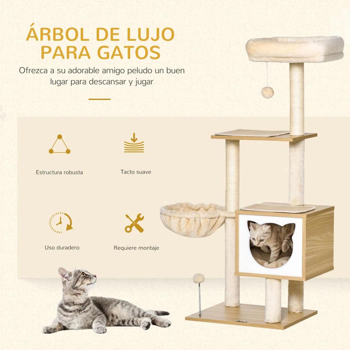 PawHut Árbol Rascador para Gatos 126 cm con Plataformas Hamaca Cueva Beige | Árbol para Gatos, Torre Escalador, Cama, Postes de Sisal, Bolas, Cojines Lavables