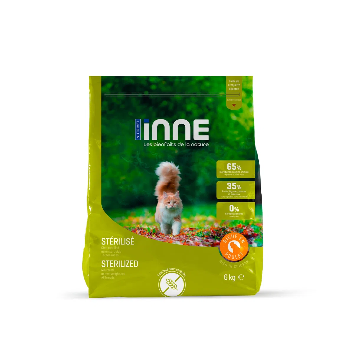 NUTRIVET - INNE Chat - Croquetas sin Cereales - Gato esterilizado o con sobrepeso - Pollo - 80% Ingredientes de Origen Animal - 6kg