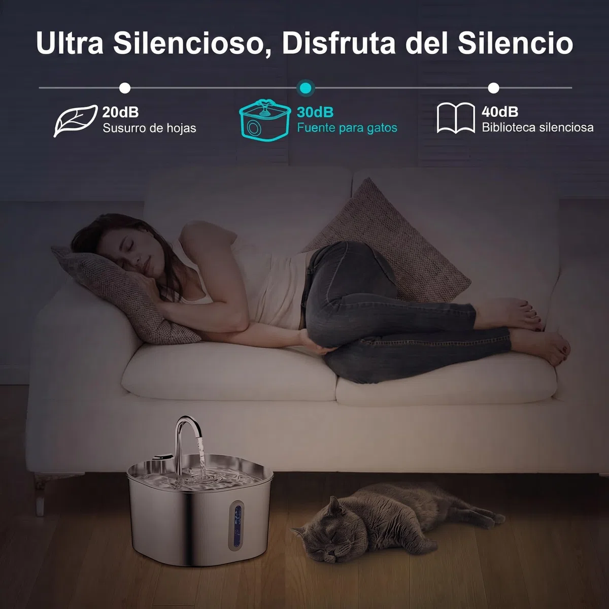CatVitalis Fuente Gatos Acero Inoxidable, Protege a tu Gato de la deshidratación y los Problemas urinarios, Fuente Agua Gatos Automática 2,2L con Triple Filtración, Bomba Silenciosa