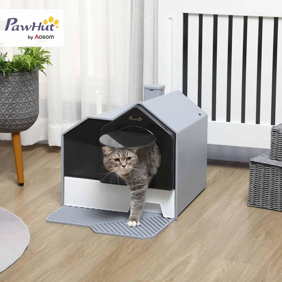 PawHut Arenero Cubierto para Gatos Bandeja Extraíble 47x45x42 cm Gris | Caja de Arena Cerrada para Gatos, Pala, Pedal Exterior, Filtro Desodorizante