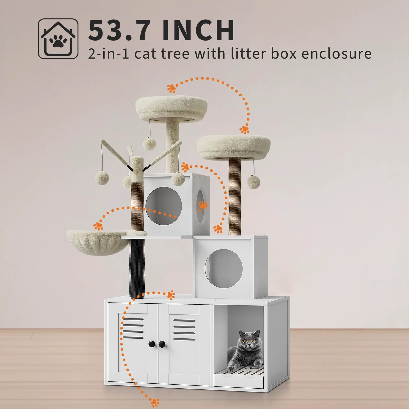 Árbol Rascador Grande Multifunción para Gatos – Cama Suave,Mueble con Caja De Arena Oculta y Múltiples Plataformas – Ideal para Hogares con Varios Gatos – Espacio Descansar y Jugar,140CM