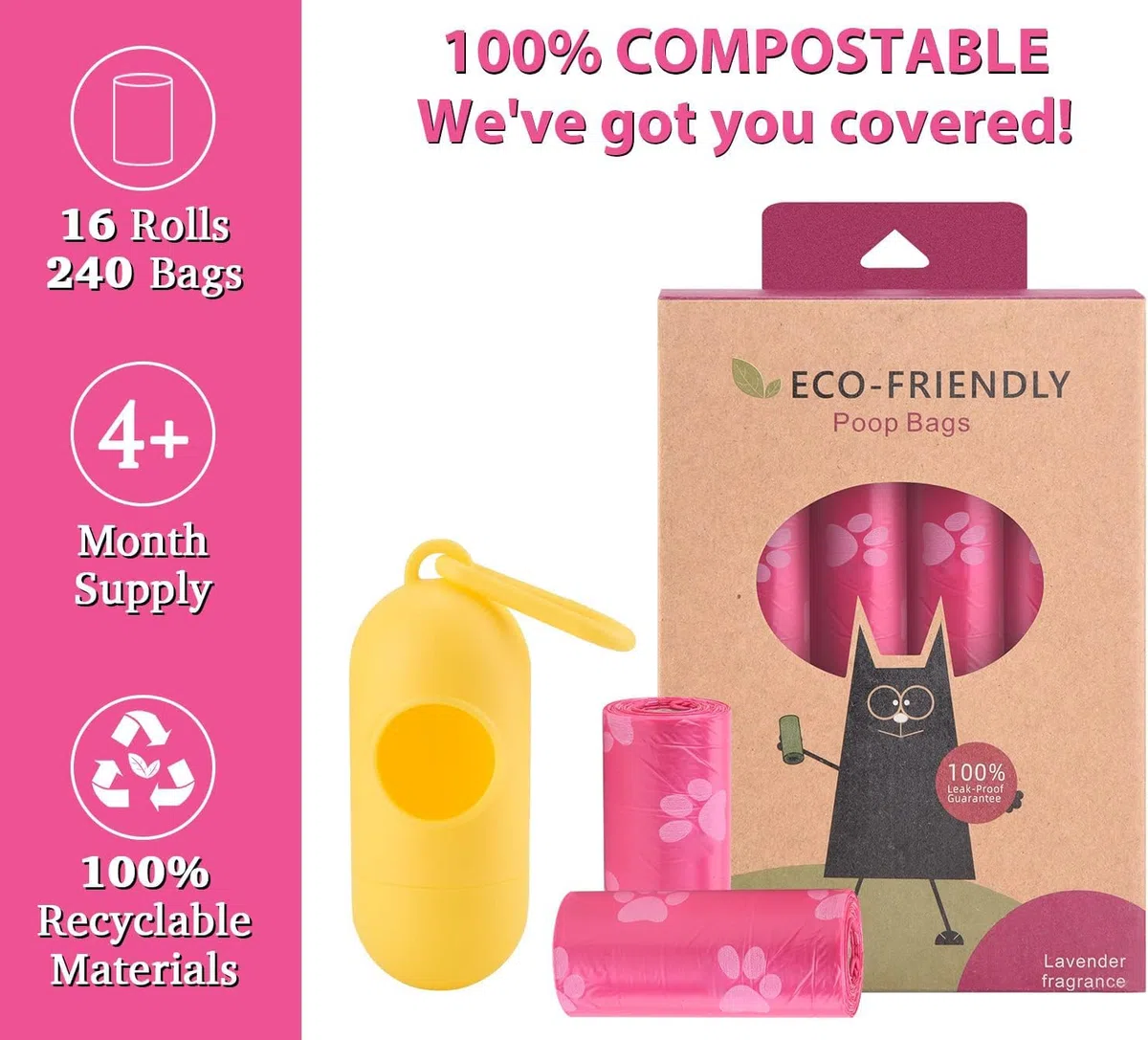 WDFAACK Bolsas biodegradables para caca de perro con soporte, 240 bolsas grandes para excrementos, bolsa compostable mezclada con almidón de maíz, extra gruesas, fuertes a prueba de fugas para perros
