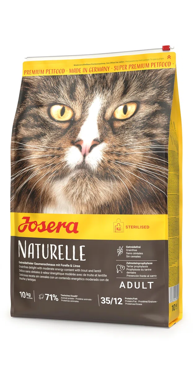 JOSERA Naturelle (1 x 10 kg) | Adultos | Pienso seco Gatos Adultos esterilizados | Aves y Trucha | con un Contenido moderado en Grasas | Sin Cereales | Pack 1
