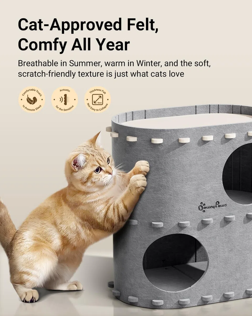 DownyPaws Casa de gato de 2 pisos para gatos de interior, cueva de cama para varios gatos, gris claro