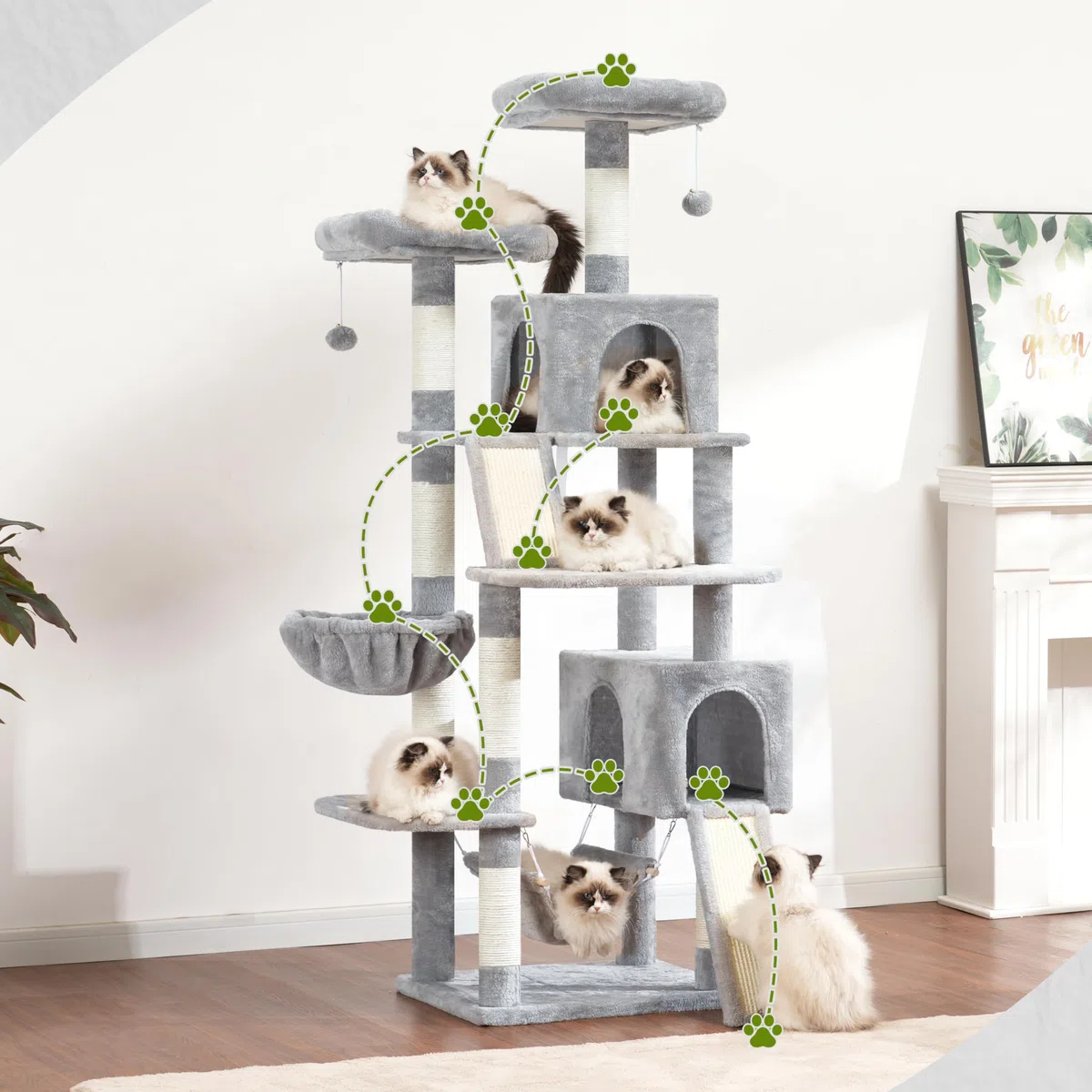 Gitelsnour rascador para Gatos de Interior, árbol para Gatos de 180 cm, con 2 rascadores, 7 Postes, Pompones, Hamaca, Gris Claro GCT032W