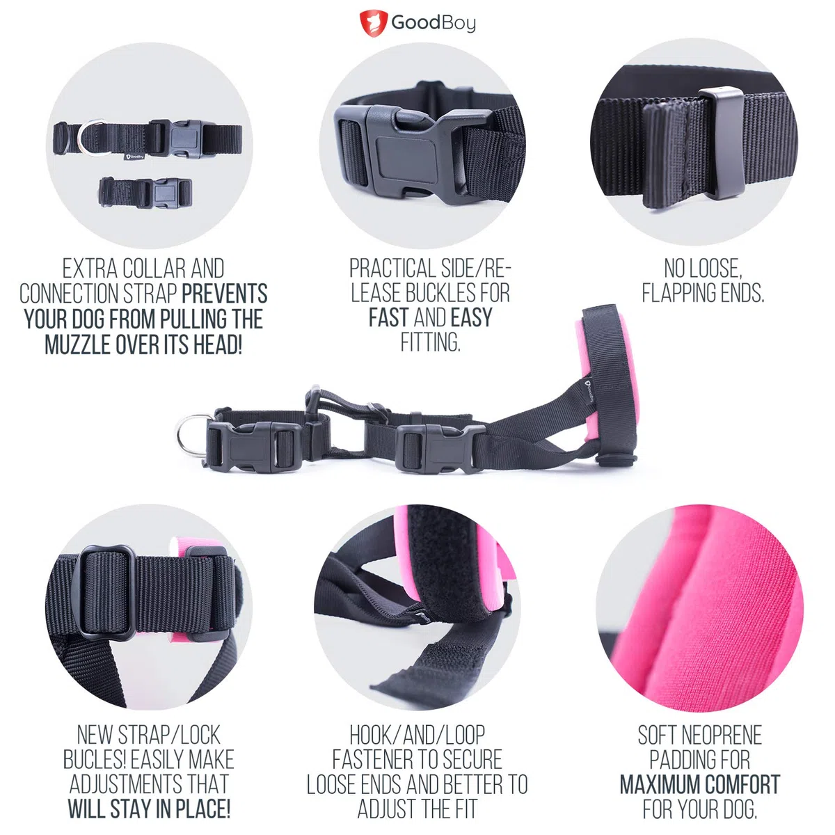 GoodBoy Protector de bozal Suave para Perros, Evita mordeduras y masticaciones no deseadas de Forma Segura, Nuevo Ajuste Seguro, Acolchado de Neopreno Suave, no más Rozaduras, guía de Entrenamiento