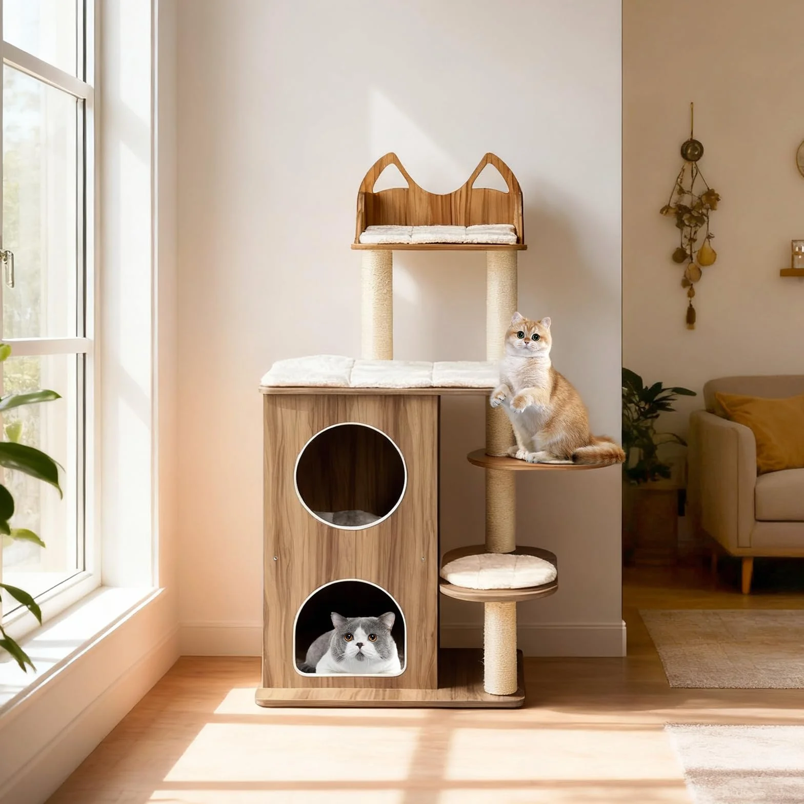 COSTWAY Árbol Rascador para Gatos de Madera, 122 cm de Altura, Torre para Gatos con Condo de 2 Pisos, Postes de Sisal, 3 Plataformas Anchos con Cojines Desmontables, Mueble Auxiliar Moderno Gatitos