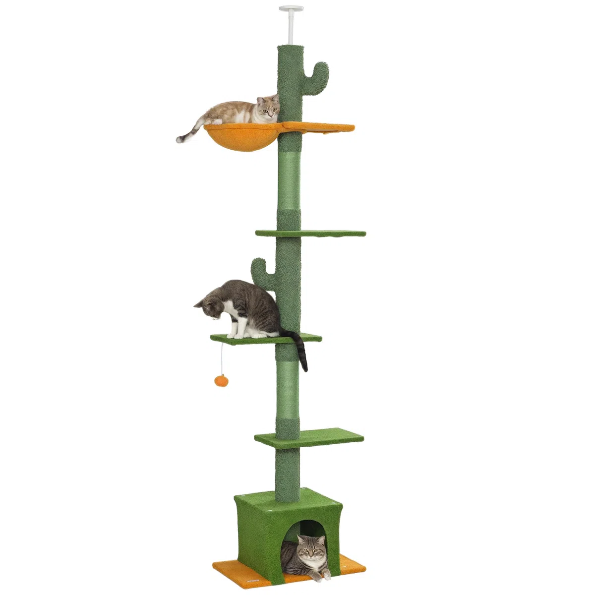 PawHut Árbol para Gatos de Suelo a Techo de 230-275 cm Torre Verde | Altura Ajustable, Plataformas, Cueva, Hamaca, Postes de Sisal, Bola de Juguete