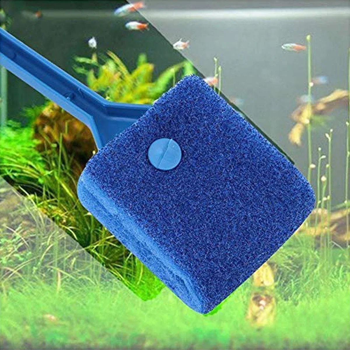 Esponja de limpieza para acuario de doble cara, con mango antideslizante, color azul