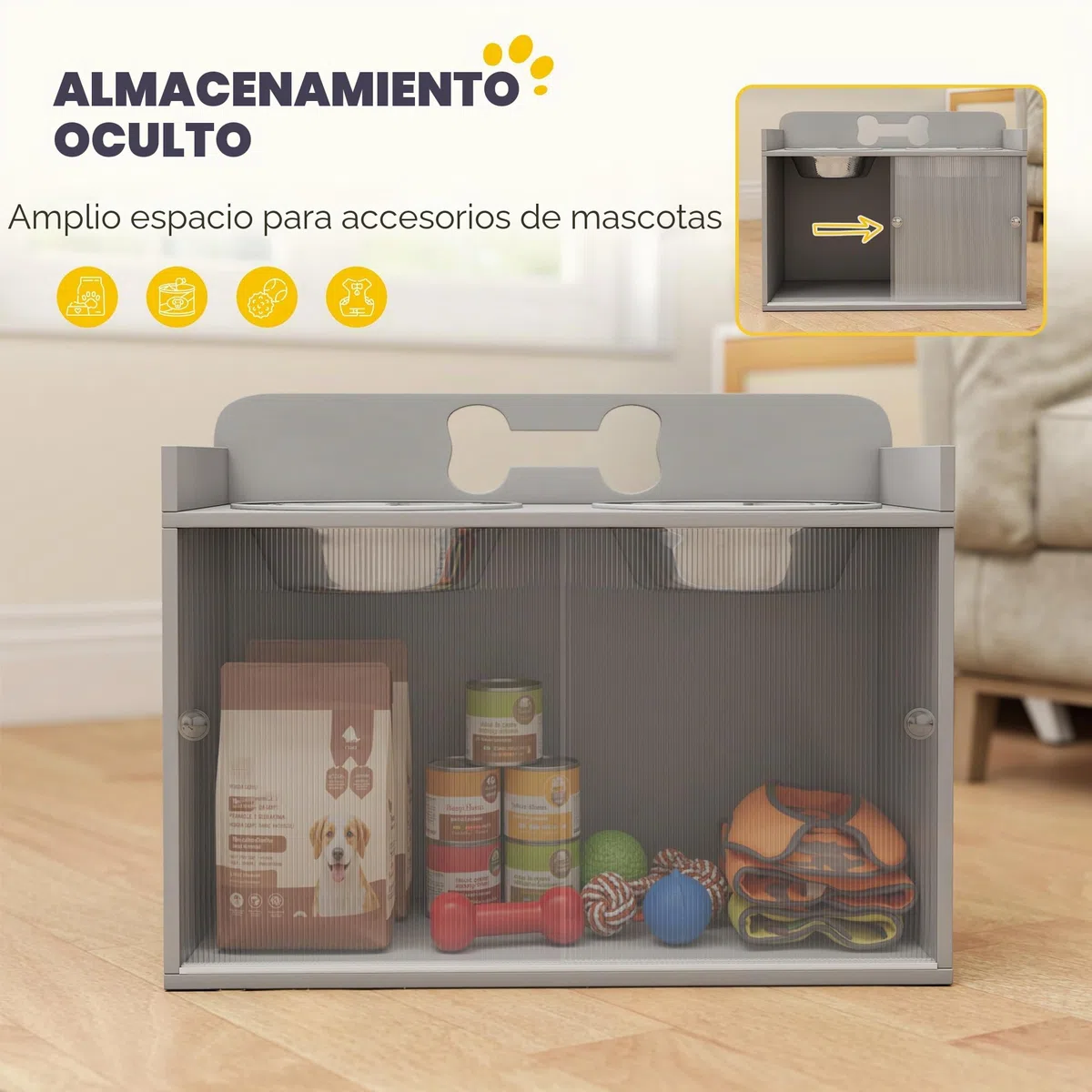 PawHut Comedero Elevado para Perros con Armario de Almacenamiento de 50 l, 2 Cuencos de Acero Inoxidable con Anillos Antideslizantes, Puertas correderas, comedero con comedero Lento para Perros