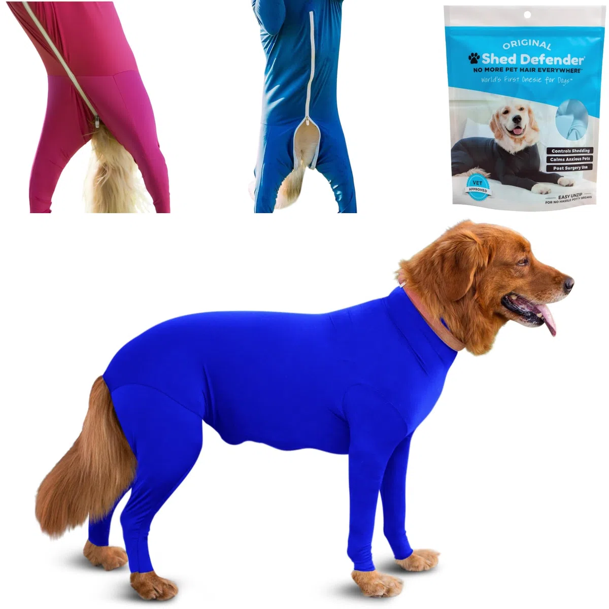 Shed Defender - Perro Onesie/estética - Contiene el derramamiento de Pelo de Perro, Reducir la ansiedad, Reemplazar Cono Médico (XXL (90-140 lbs.),Azul Real)