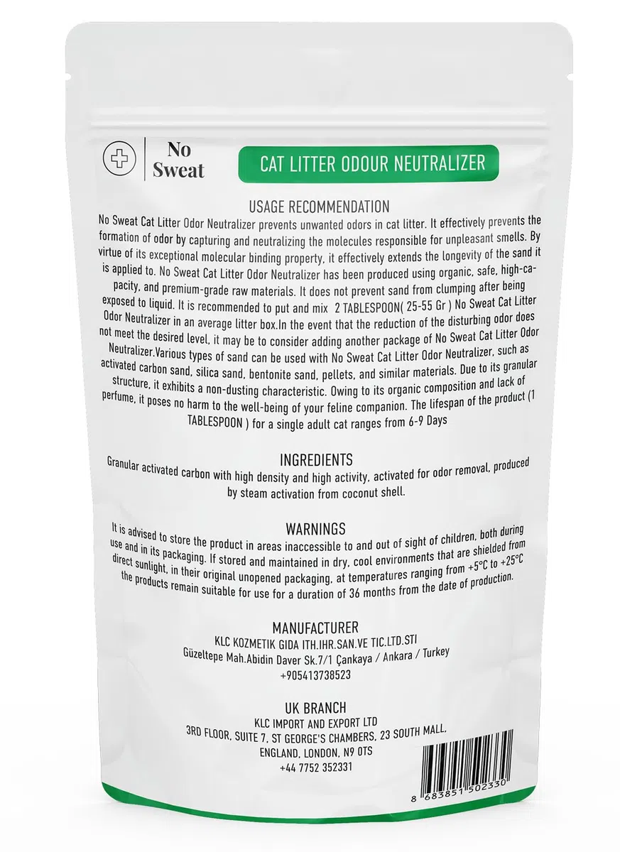No Sweat Neutralizador de olores de carbón activado para gatos, hecho de cáscara de coco, todo natural, sin productos químicos, ingredientes tóxicos, sin perfume, apto para el planeta, paquete