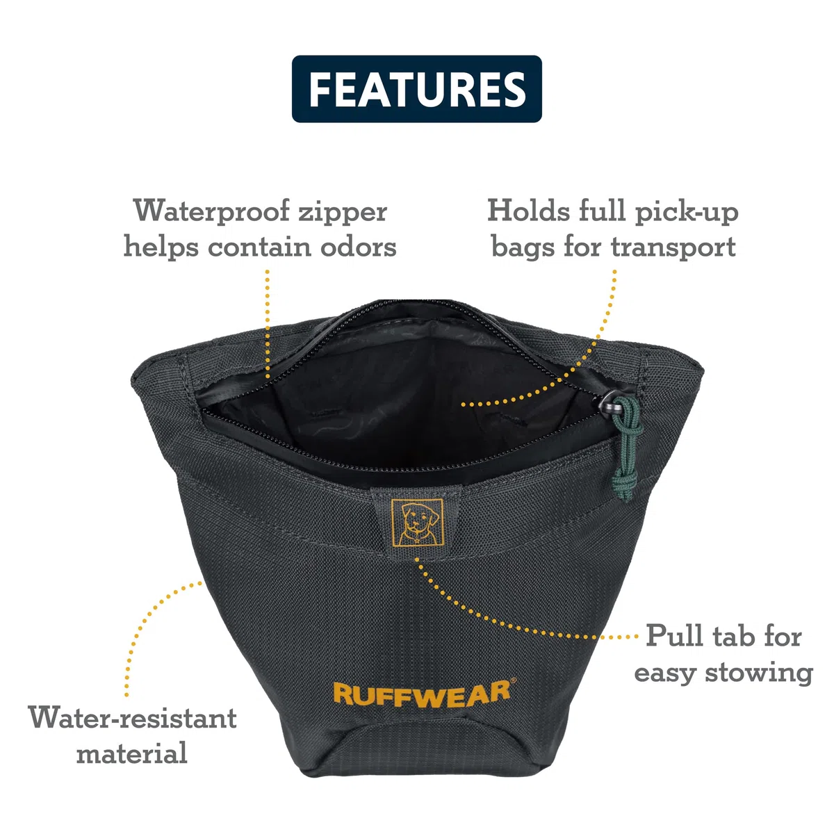 RUFFWEAR Bolsa de Paseo para Perro, dispensador de Rollo de Bolsas de Caca de Perro, Colsa de Tela para excrementos de Perro con Cremallera, pequeña y Ligera, Impermeable, Basalt Gray, Large