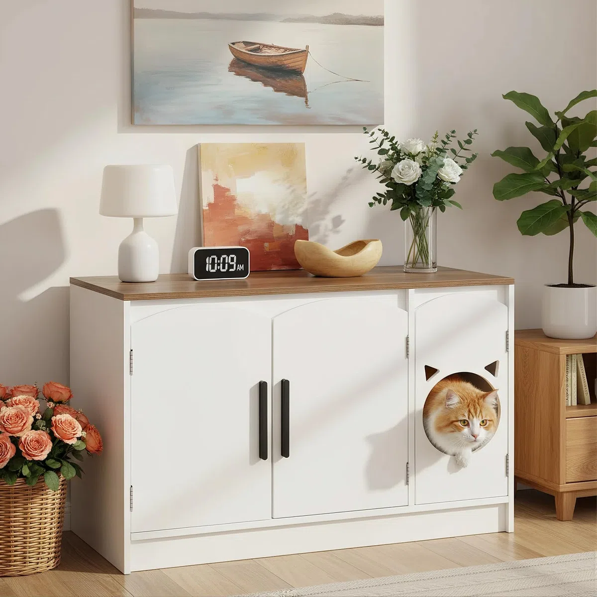 HOOBRO Mueble Arenero para Gatos, Caja de Arena Oculta, Armario Moderno de Madera de Ingeniería, Caseta Doble para Gatos con Diseño de Cabeza, Blanco y Nogal EWH51MW01