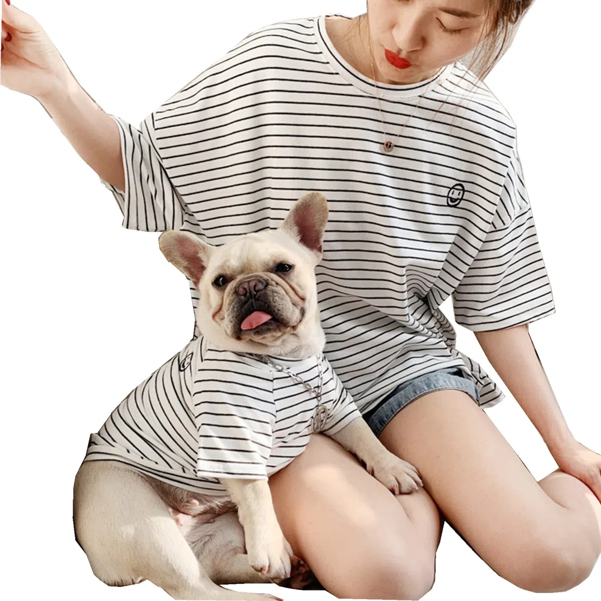 Ropa a juego para perros y propietarios, camisa de perro a rayas blancas y negras (blanco para propietarios, propietario XL)