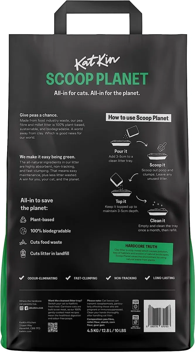 KatKin Scoop Planet Litter (bolsa de 4.5 kg/12.8 L): ahorro de planetas, a base de plantas, arena aglutinante para gatos hecha con fibra de guisante y mijo no tóxica, ecológica (2)