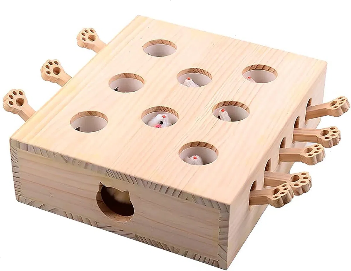 Juguete interactivo de madera para gatos Whack-A-Mole, juego atractivo y duradero para gatos y gatitos, mantiene a las mascotas entretenidas y estimuladas, diseño de madera natural, perfecto para
