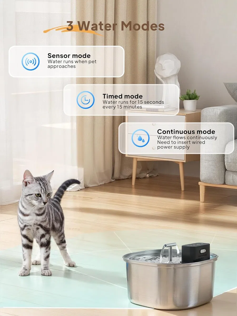 Fuente para Gatos de Acero Inoxidable con 3 Modos de Funcionamiento: Fuente inalámbrica de 3,2 L para Gatos, Bomba ultrasilenciosa y diseño de Boquilla Doble, con 3 Juegos de filtros