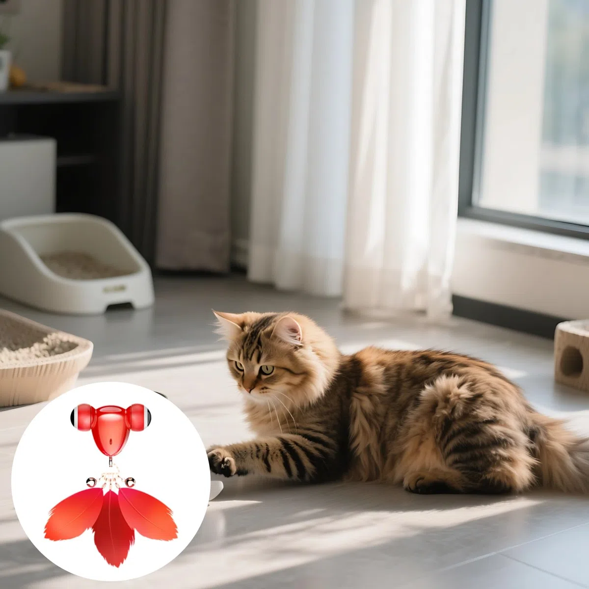 Kitifish - Juguete automático original para gatos, diseño interactivo de peces con pluma y campana, rojo, recargable por USB, para gatos de interior, diversión de caza, estimula el juego activo