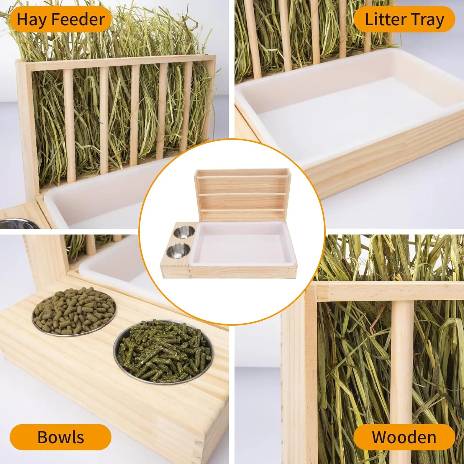 3 en 1 Alimentador de Conejo con Caja de y 2 Tazones Guinea Manger Grass Food Food Feeder Alimentador de Madera Multifuncional Estructura Anti -propina para Mascotas Pequeñas