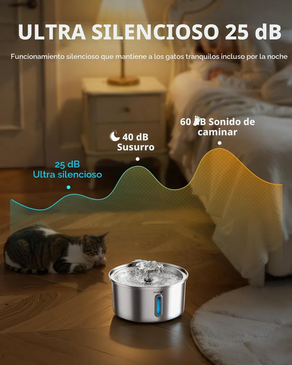 Invengo Fuente para Gatos Acero Inoxidable, 3.2L con Boquilla de Flor, Filtración de 5 Etapas, Ventana de Nivel y Fácil Limpieza - Ideal para Gatos y Perros Pequeños, Incluye 4 Filtros de Repuesto