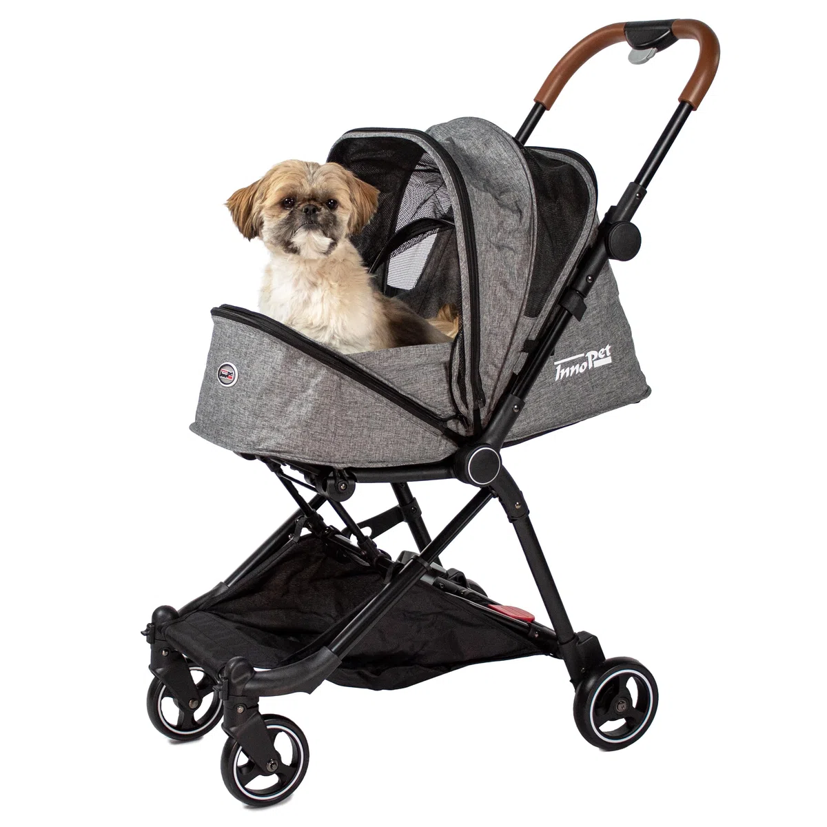 Innopet City carrito gris - Cochecito compacto para perros y gatos hasta 11kg, plegado con una mano, barra de cuero sintético y diseño ligero de 4 ruedas