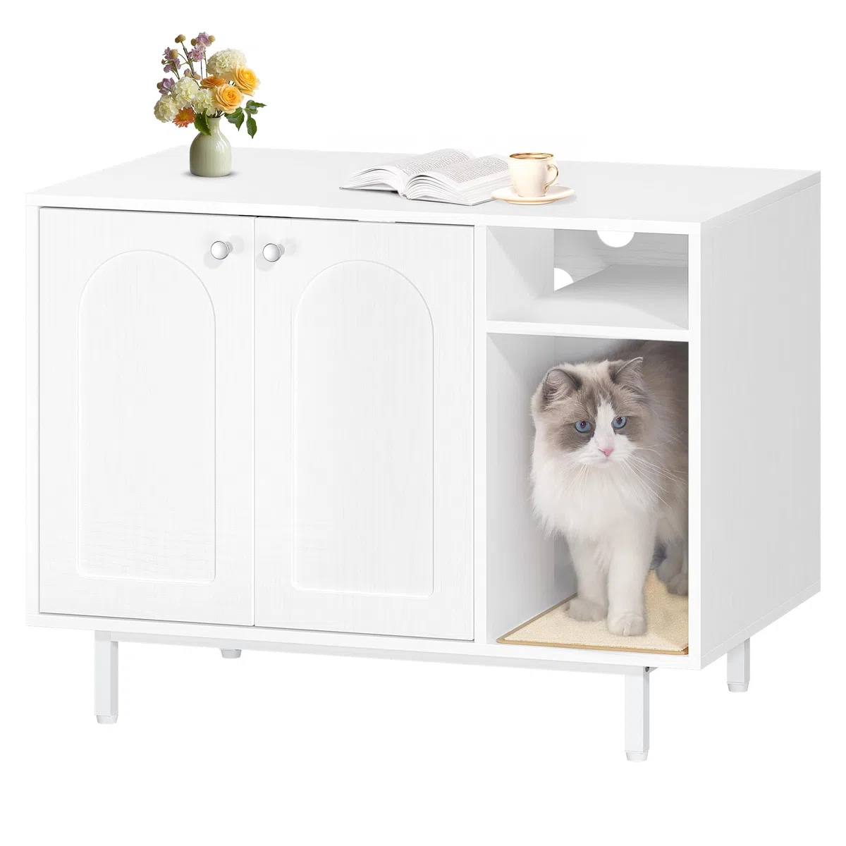 Hzuaneri Armario para Gatos, Mueble Arenero Gatos, Caja de Arena, Mueble Arenero, Casa para Gato con Puerta y Divisor Separado, 50 x 80 x 61 cm, Piernas Altas, Blanco CB01513W