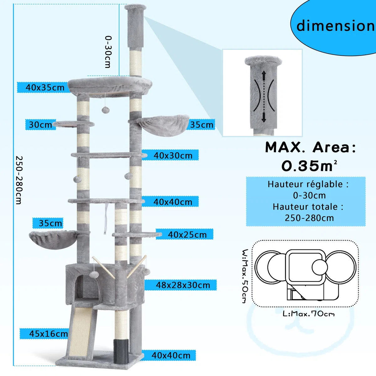 Hey-brother Rascador para Gatos XXL, Altura Ajustable, 250 cm-280 cm, Que llega hasta el Techo, Torre para Gatos Grandes, con Cueva, Gris Claro 0MPJ091W