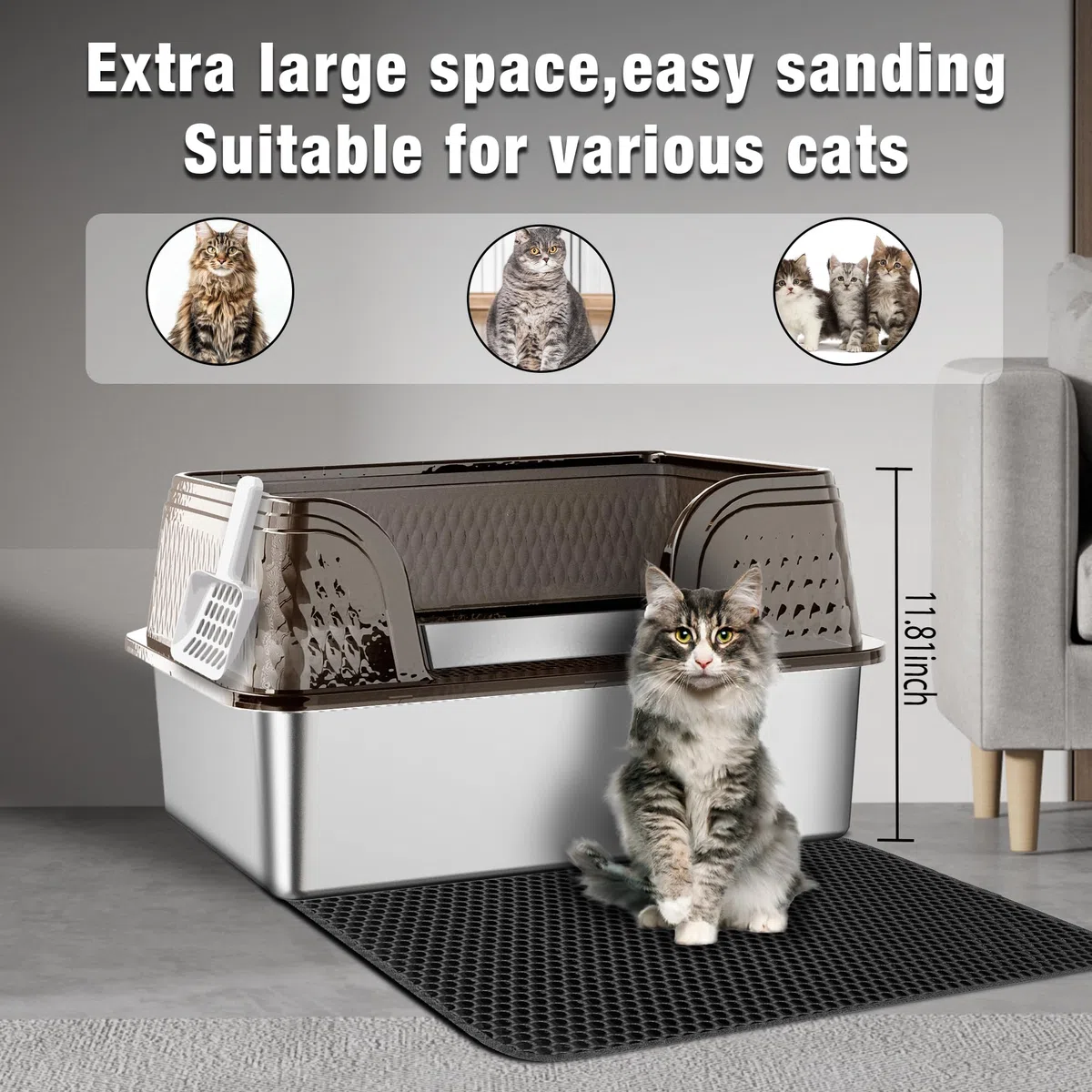 Suhaco Arenero para Gatos de Acero Inoxidable con Barrera (Negro XXL)