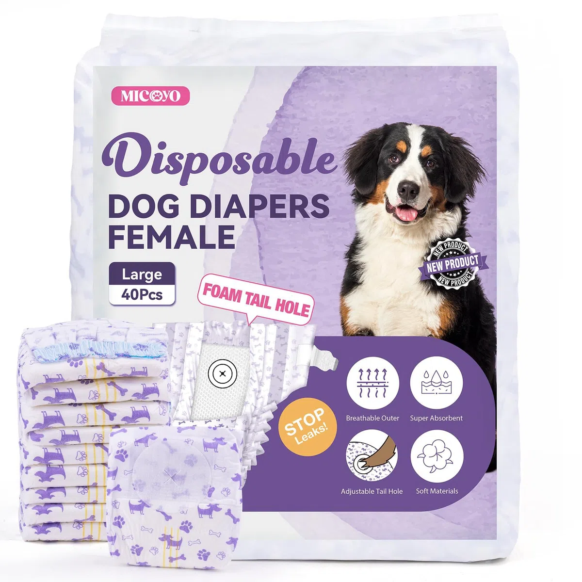 MICOOYO Pañales para perros femeninos, 40 unidades, pantalones desechables para perros con agujero trasero ajustable, pañales súper absorbentes para hembras y gatos en temporada de calor para