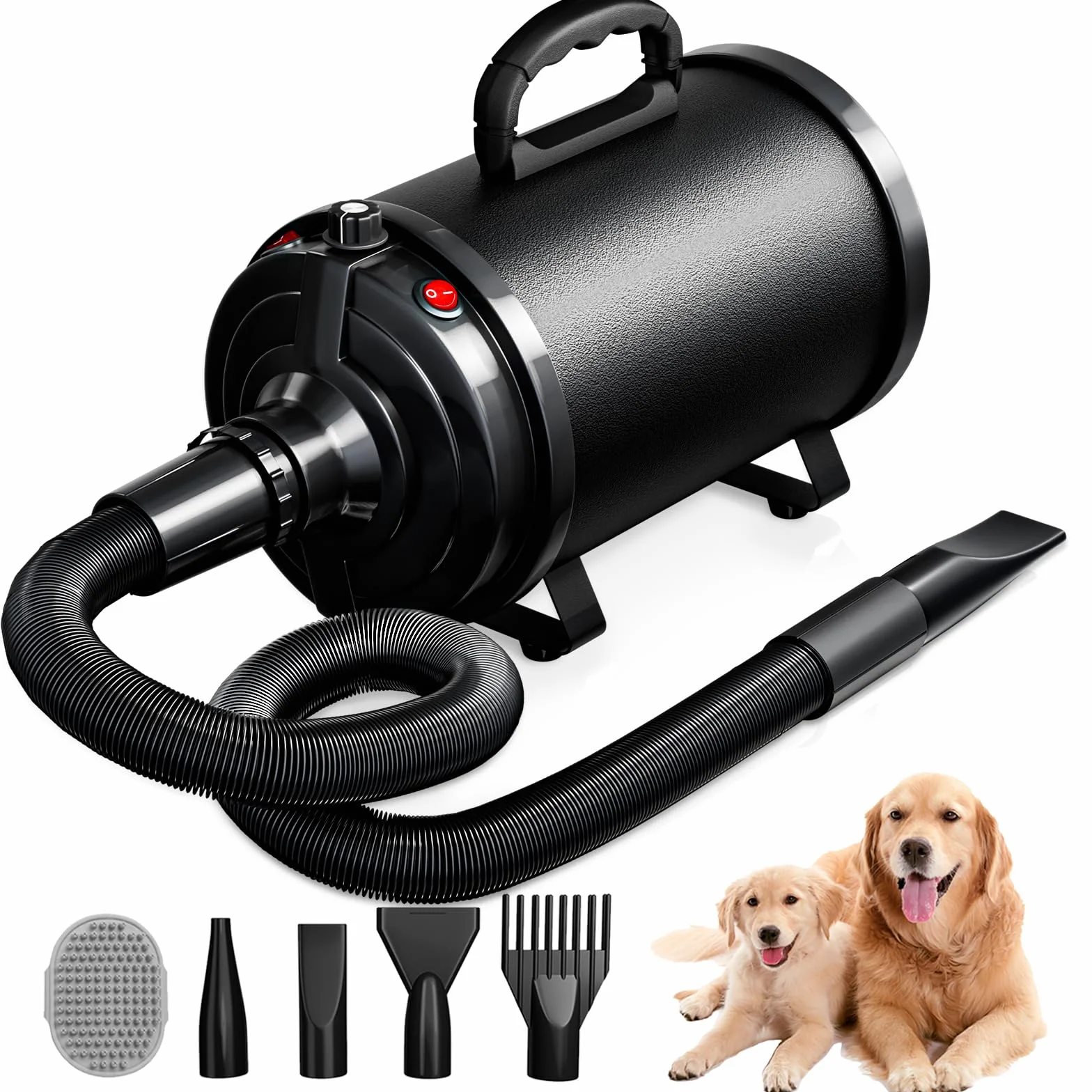 Secador de Pelo para Perros Blower Muy silencioso 4,5 CV / 3200 W | Motor de Velocidad Ajustable, para el Cuidado de Perros con 4 Boquillas Diferentes Manguera Elástica y Cepillo de Cuidado