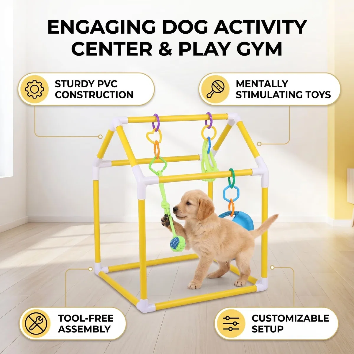 Gimnasio para Perros con Juguetes Colgantes 35x35x35x20 Cm, Marco Extraíble con Juguetes Interactivos para Perros Pequeños, Gatitos para Jugar en Interiores