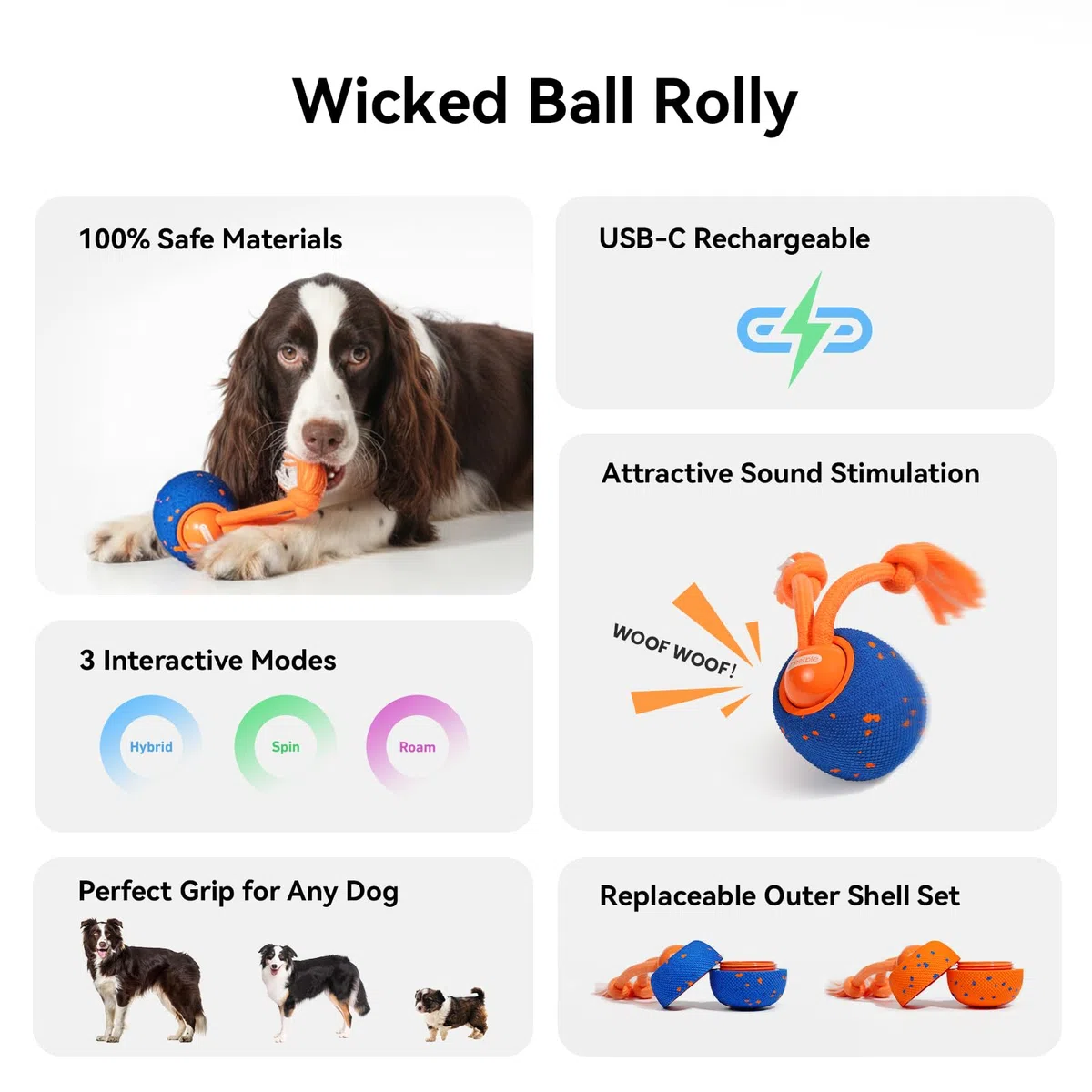 Cheerble Pelota interactiva para perros - Wicked Ball Rolly con cuerda y ladridos, juguete interactivo inteligente para perros con 3 modos de juego, E-TPU, USB-C recargable, adecuado para perros