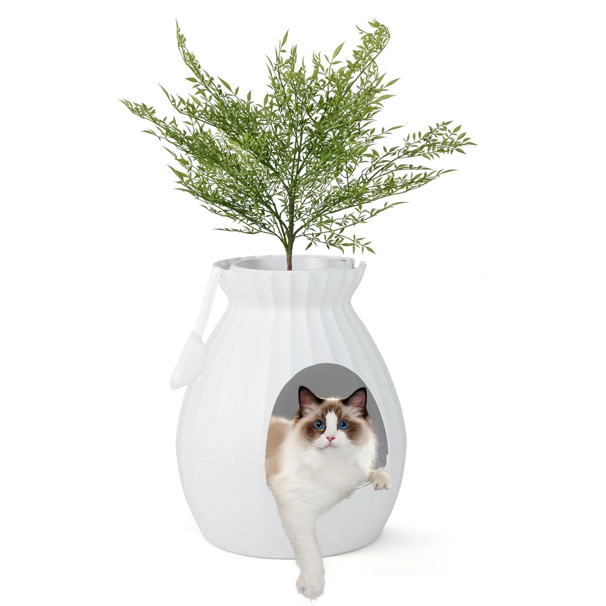 FANTASK Inodoro para Gatos 2 en 1, eliminación Inteligente de olores y esterilización con Cortina de Puerta, Estilo Maceta con Planta Artificial, guijarros y Pala