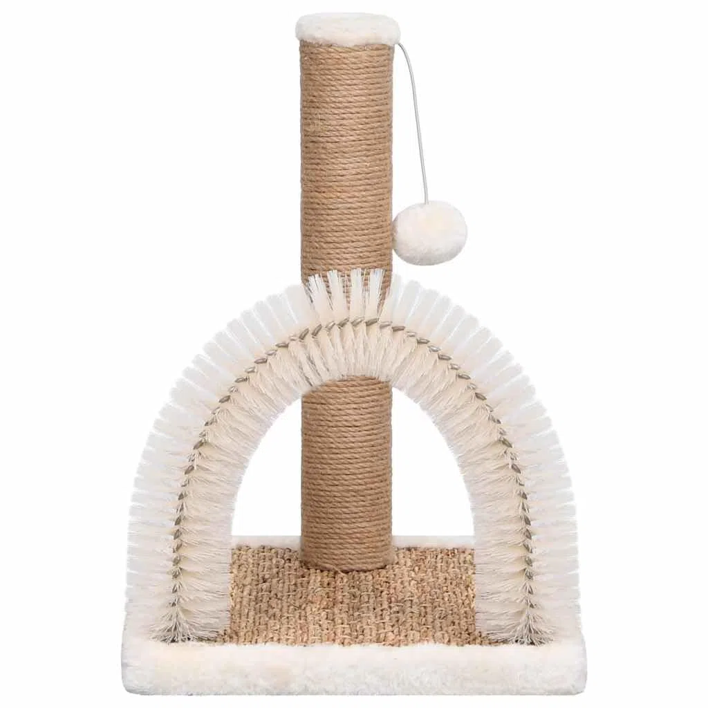 Árbol para gatos con arco para el cuidado del pelo, columna rascadora pequeña, color marrón | Accesorio compacto para gatos para el salón con cepillo de masaje y tronco rascador de algas marinas.